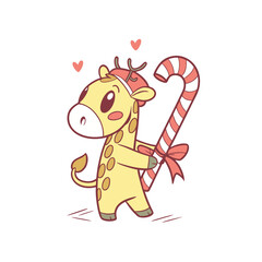 A cute cartoon giraffe wearing a red reindeer hat holds a large candy cane tied with a red bow, with pink hearts floating above.