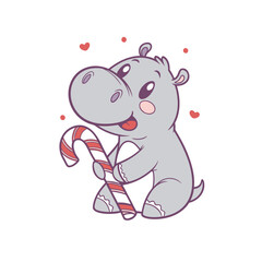 A cute cartoon hippo holding a striped candy cane, surrounded by small red hearts, on a white background.