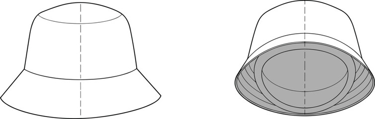 Vector flat sketch of bucket hat front and inside view, wide brim design, casual headwear template, fashion accessory illustration for apparel design © Vector Sifat
