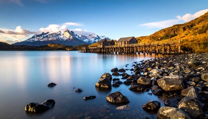 Serene mountain lake vista at dawn
