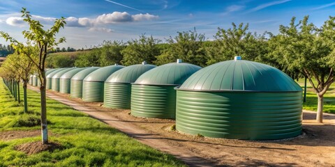 Obraz premium Row of green dome-shaped storage tanks in a rural agricultural setting under a bright sunny sky