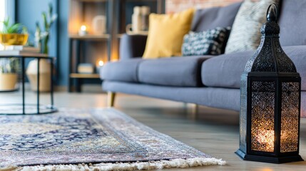 Living room scene with a decorative lantern and a patterned rug.