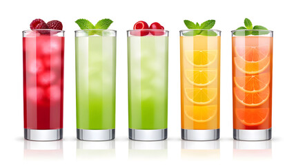 Five tall glasses of colorful fruit drinks with mint