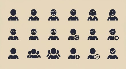 Diverse user icons representing emotions, status, and groups for modern digital communication and design