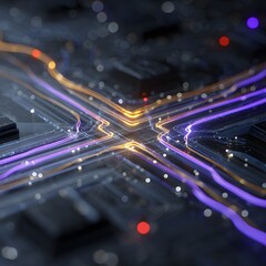 A quantum processor emitting glowing entangled particles, representing quantum computing. Clean, digital art style showcasing future tech.