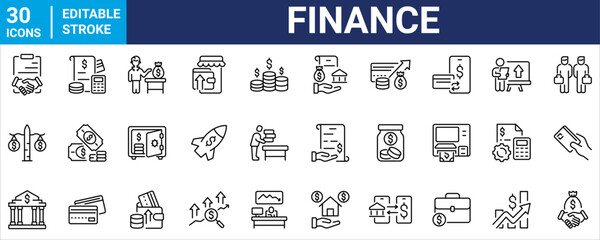 Finance line web icons Money and Coins. Cash, Credit Cards, Money Bag, Containing banking, Investment, income, accounting, money, loan. Editable stroke.