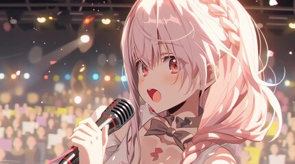 anime style young girl passionately singing into microphone on brightly lit stage. composition captures emotion of performance with vibrant lighting and dreamy concert atmosphere - Powered by Adobe
