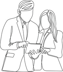 Business Meeting Discussion. Continuous Line Art of Coworkers Collaborating on Strategy with Digital Tablet