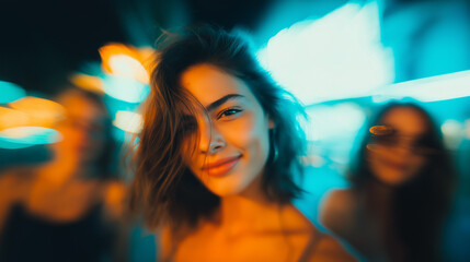 Smiling woman under city lights on night out