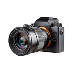 Fototapeta premium A sleek black camera with a prominent lens against a stark black backdrop in a studio setting