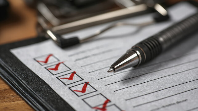 Close up of checklist with checkmarks, pen resting on paper, symbolizing business emergency preparedness and organization