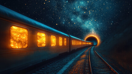 Enchanted Train Journey Through a Starlit Tunnel at Night