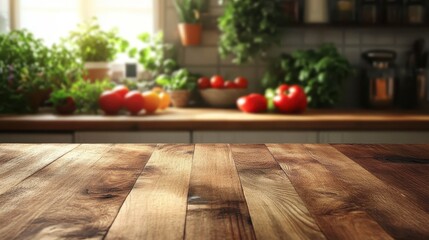 Rustic Wooden Kitchen Table Top with Fresh Vegetables and Herbs