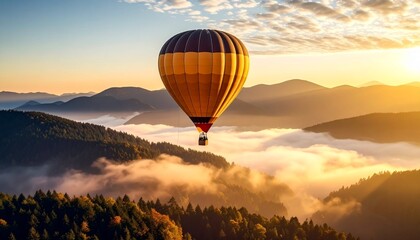Obraz premium Scenic view of a hot air balloon drifting over misty mountains in the early morning