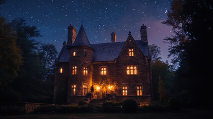 Enchanted Stone Castle at Night Under a Starlit Sky