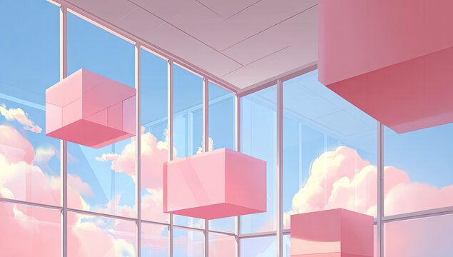 Pink cubes float in a pastel sky view