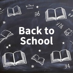 Open books and learning symbols on a blackboard chalk education