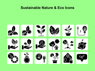 Glyph Style Eco & Sustainability Icons – Solid Plant & Nature Symbol Set