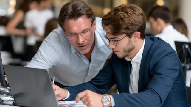 Mentorship in the Modern Workspace: A seasoned professional guiding a young colleague with insightful advice, surrounded by the modern office setting and the hum of productivity. 