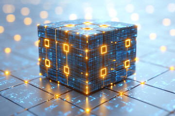 Obraz premium Futuristic glowing cube representing digital innovation and technology in a modern environment with vibrant lights.