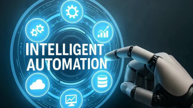 A robotic hand reaches toward a glowing interface that spells Intelligent Automation with process icons. Concept of ai-driven workflow orchestration and digital transformation.