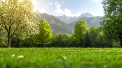 Obraz premium Lush green landscape with blossoming trees and distant mountains, capturing the beauty of nature in a serene setting.