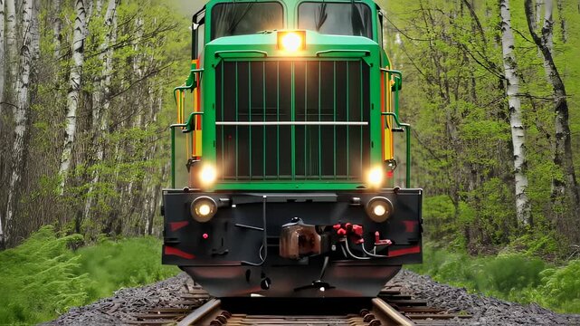 Green train journey through lush forest tracks: captivating front view sequence