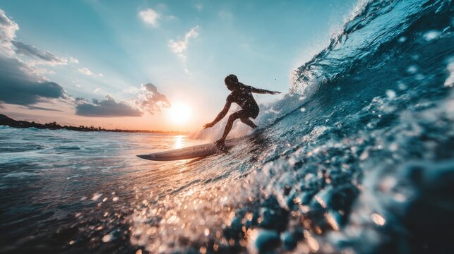 Silhouette of a surfer riding a wave at sunset.
