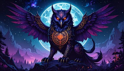 Mythical creature, owl-like gryphon, moonlit landscape