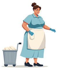 Maid Woman Standing Laundry Cart