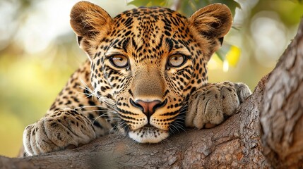 Fototapeta premium Leopard resting on a tree branch, camouflaged, watchful, African bush, dappled sunlight