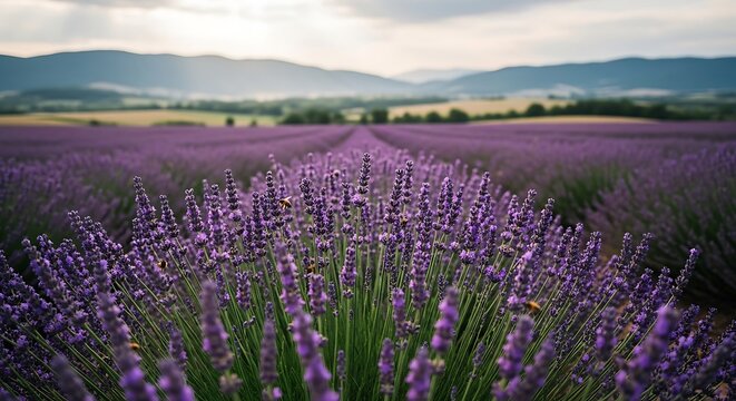 The immersive appeal of a stunning lavender field, with endless rows of purple flowers stretching towards distant, hazy mountains.