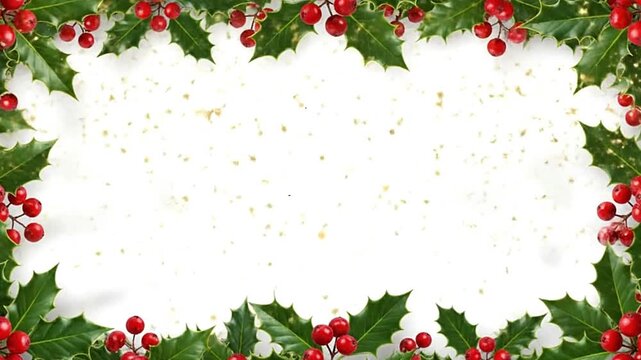 Holly  red berry border on mottled white background