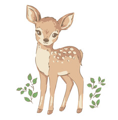 Cute Baby Deer with Greenery Hand Drawn Woodland Animal Vector for Nursery Prints