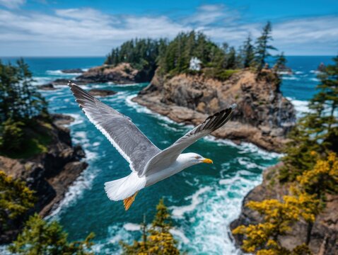 Seagull in flight over a coastal landscape.