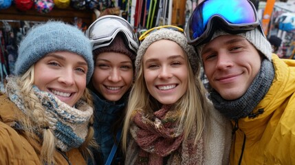 Four people are smiling for a picture, wearing winter gear