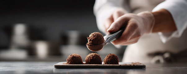 Chef preparing decadent chocolate ice cream. The image evokes luxury, culinary expertise, and indulgence, ideal for food blogs, dessert menus,  advertisements.