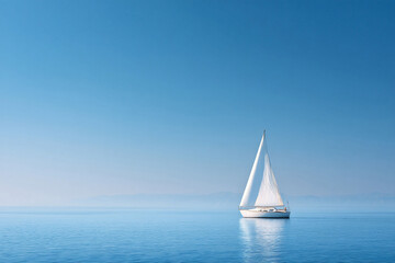 Obraz premium Serene seascape featuring a sailboat gliding across calm blue waters under a clear sky. Symbol of freedom, escape, and tranquility. Ideal for travel, vacation, or inspirational concepts.