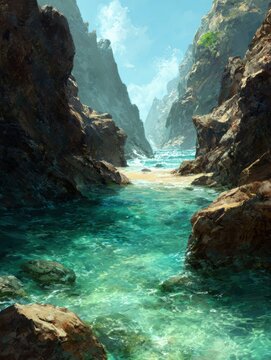 Turquoise water flows through a rocky cove.