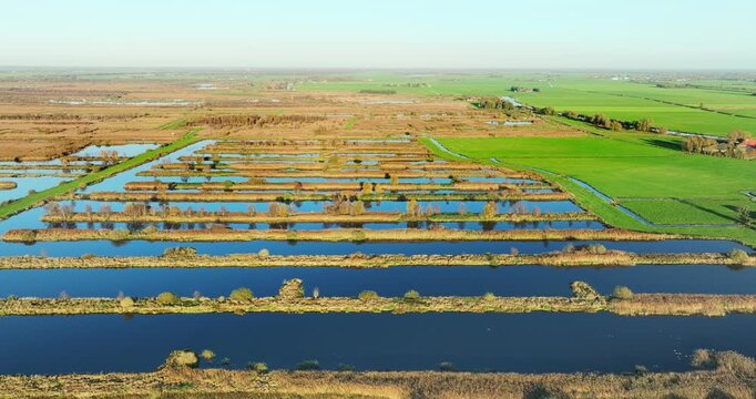 Aerial view of the serene nature reserve Rottige Meente, a reclaimed lowland peat area, Weststellingwerf, Friesland, Netherlands.