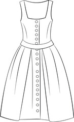 Sleeveless button-down dress design, front and back view, fashion CAD sketch, sewing pattern, technical garment drawing, vector illustration, cad drawing flat vector illustration