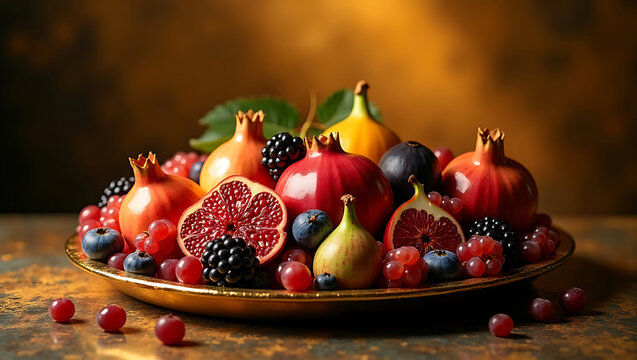 Still life of fresh pomegranates and grapes on elegant golden plate in moody artistic tone