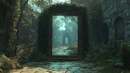 Enigmatic Portal in Overgrown Ruins Digital Fantasy Art