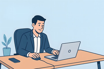 Businessman Working on Laptop in Office Desk Setup