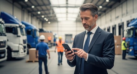 Confident manager using smartphone in warehouse, coordinating logistics and managing fleet operations with trucks and workers in the background