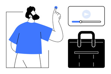 Man pressing play on screen media player, with a professional bag symbolizing work-life balance. Ideal for technology, productivity, multitasking, remote work, time management, e-learning, simple