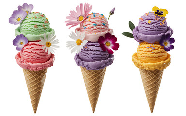 Colorful ice cream cones with edible flowers and Various Flavors and Decorative Toppings sprinkles on transparent background, pastel scoops for dessert, packaging, or summer design.