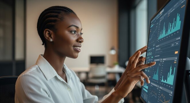 Young black professional woman using interactive screen to analyze financial data, navigating through charts and graphs with her fingers in modern office environment