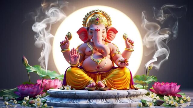 Animated video of Lord Ganesha meditating on a lotus platform with divine light, for the Ganesh Chaturthi festival.