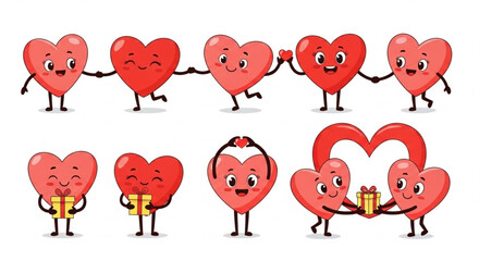 Cute Heart Characters Vector Set &ndash; Playful Cartoon Hearts in Various Poses (Isolated on White